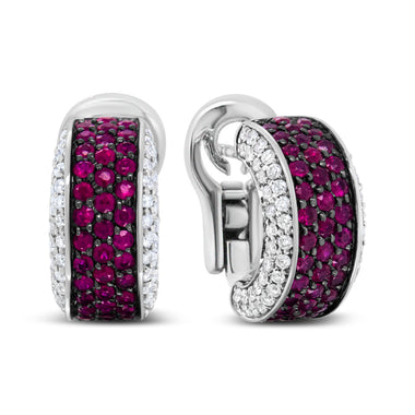 18K White Gold and Black Rhodium Plated 3/4 Cttw Round Diamonds and 1mm Round Red Ruby Huggie Hoop Earrings (F-G Color, VS1-VS2 Clarity) - 0