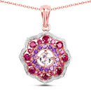 14K Rose Gold Plated 2.30 Carat Genuine Morganite, Rhodolite and Amethyst .925 Sterling Silver Pendant-1
