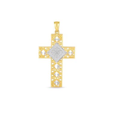 14k Two Tone Gold High Polish Diamond Cut Cross Pendant - 0