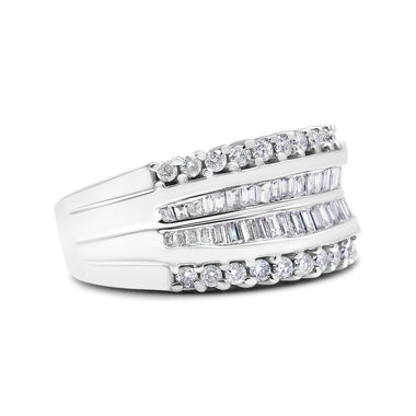 14K White Gold 1.00 Cttw Round and Baguette-Cut Diamond Modern Band Ring (H-I Color, SI2-I1 Clarity) - Ring Size 7 - 0