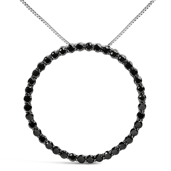 .925 Sterling Silver 4.0 Cttw Black Diamond Open Hoop Circle 18" Pendant Necklace (Black Color, I2-I3 Clarity)