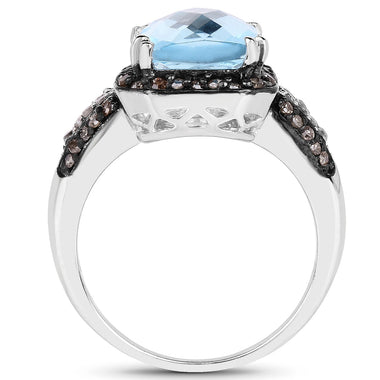 4.33 Carat Genuine Swiss Blue Topaz, Champagne Diamond & White Diamond .925 Sterling Silver Ring - 0