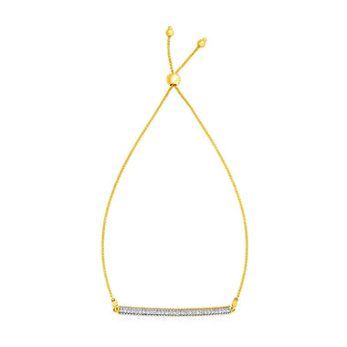 14k Yellow Gold Adjustable Bracelet with Textured Bar and Diamonds - 0