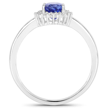 0.86 Carat Genuine Tanzanite and White Diamond 14K White Gold Ring - 0