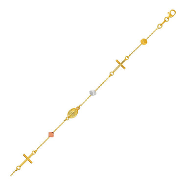 14k Tri Color Gold Bracelet with Crosses Cubes and Medallions - 0