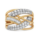 10K Yellow and White Gold 1.0 Cttw Round and Baguette-Cut Diamond Multirow Interwoven Cocktail Ring (I-J Color, I2-I3 Quality) - Size 7-4