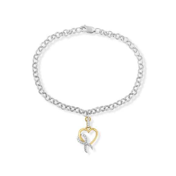10K Yellow Gold 1/10 Cttw Diamond Awareness Ribbon & Heart Charm on 7" .925 Sterling Silver Rolo Bracelet (H-I Color, I1-I2 Clarity)