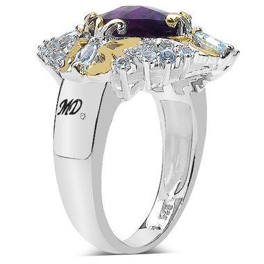 3.91 Carat Genuine Amethyst, Blue Topaz & White Diamond .925 Sterling Silver Ring - 0