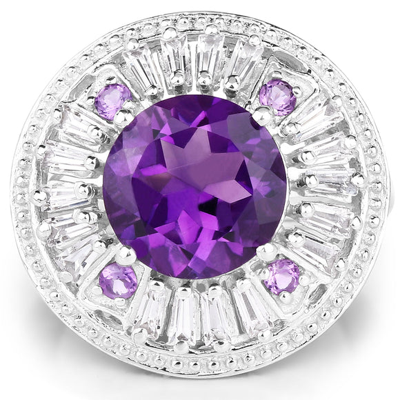 5.58 Carat Genuine Amethyst and White Topaz .925 Sterling Silver Ring