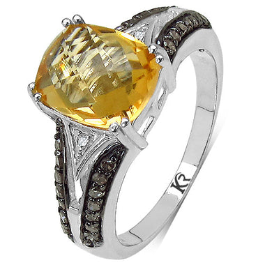 2.82 Carat Genuine Citrine, Champagne Diamond & White Diamond .925 Sterling Silver Ring - 0
