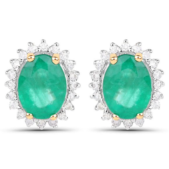 2.66 Carat Genuine Zambian Emerald and White Diamond 14K Yellow Gold Earrings