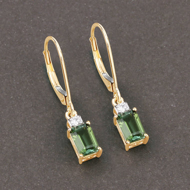 1.28 Carat Genuine Green Tourmaline and White Diamond 14K Yellow Gold Earrings - 0