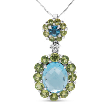 18k White Gold 0.05 Cttw Round Diamond and Blue Topaz and Green Peridot Gemstone Halo Drop 18" Pendant Necklace (F-G Color, VS1-VS2 Clarity)