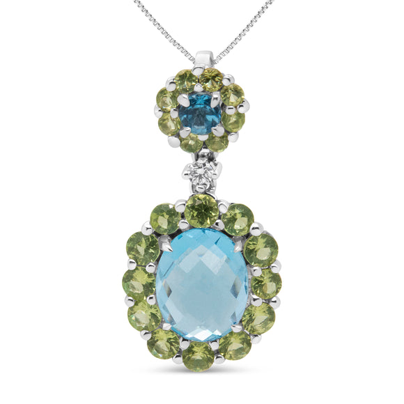 18k White Gold 0.05 Cttw Round Diamond and Blue Topaz and Green Peridot Gemstone Halo Drop 18" Pendant Necklace (F-G Color, VS1-VS2 Clarity)