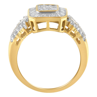 10K Yellow Gold Round and Baguette-Cut Diamond Cluster Ring (1.0 Cttw, I-J Color, SI1-SI2 Clarity) - Size 7 - 0