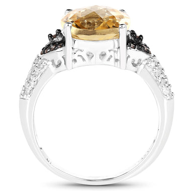 4.65 Carat Genuine Citrine, Champagne Diamond & White Diamond .925 Sterling Silver Ring - 0