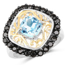 Two Tone Plated 2.85 Carat Genuine Swiss Blue Topaz and Black Spinel .925 Sterling Silver Ring-1