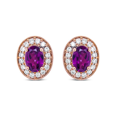 14K Rose Gold 7x5mm Oval Cut Garnet and 3/8 Cttw Round Diamond Halo Stud Earrings (G-H Color, SI1-SI2 Clarity) - 0