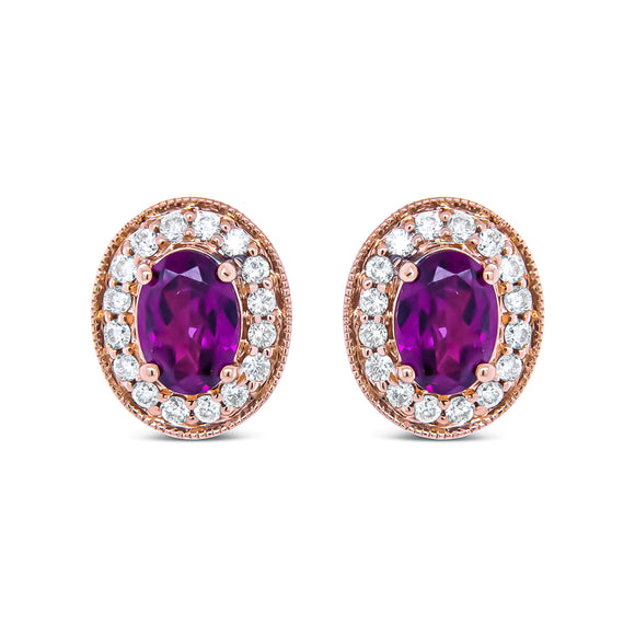 14K Rose Gold 7x5mm Oval Cut Garnet and 3/8 Cttw Round Diamond Halo Stud Earrings (G-H Color, SI1-SI2 Clarity)