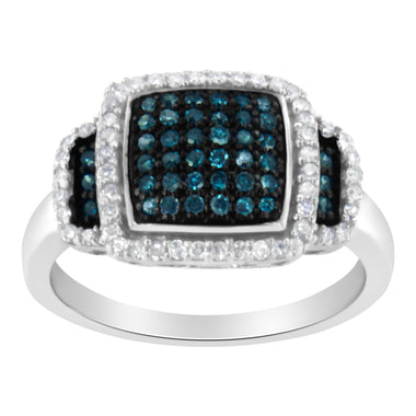 Black Rhodium Plated .925 Sterling Silver 1/2 Cttw White & Blue Diamond Square Halo Cocktail Ring (Fancy Blue & H-I Color, I2-I3 Clarity) - SIze 6 - 0