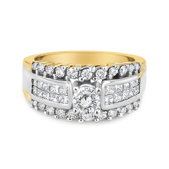 14K Yellow and White Gold 1 1/2 Cttw Round and Princess-Cut Diamond Band Ring (H-I Color, SI2-I Clarity)