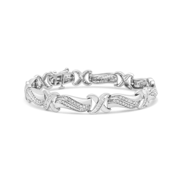 .925 Sterling Silver 1 3/4 Cttw Diamond Wave and X Link Tennis Bracelet (I-J Color, I3 Clarity) - 7"