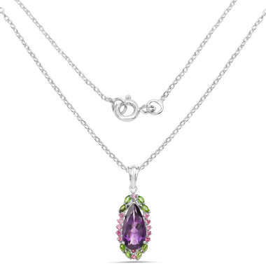 6.22 Carat Genuine Amethyst, Chrome Diopside and Rhodolite .925 Sterling Silver Pendant - 0