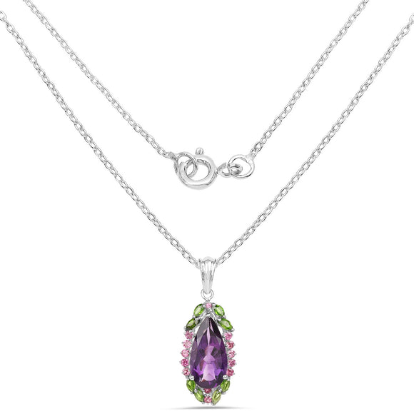 6.22 Carat Genuine Amethyst, Chrome Diopside and Rhodolite .925 Sterling Silver Pendant