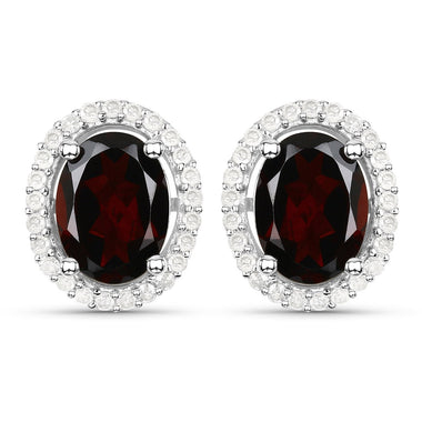 2.77 Carat Genuine Garnet and White Diamond .925 Sterling Silver Earrings