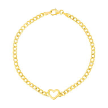 14k Yellow Gold 7 inch Curb Chain Bracelet with Heart - 0