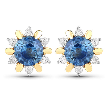 1.87 Carat Genuine Blue Sapphire and White Diamond 14K Yellow Gold Earrings - 0
