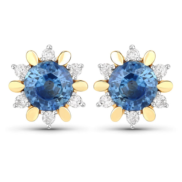 1.87 Carat Genuine Blue Sapphire and White Diamond 14K Yellow Gold Earrings