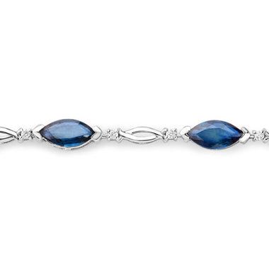 5.58 Carat Genuine Blue Sapphire and White Diamond 14K White Gold Bracelet - 0