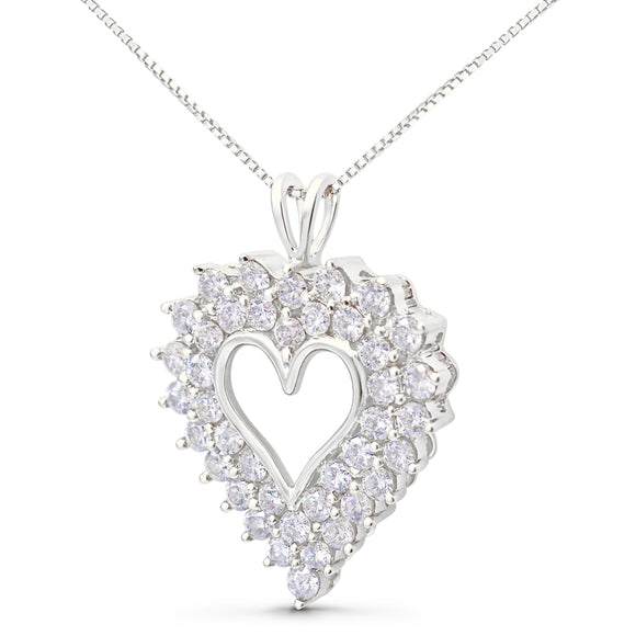 925 Sterling Silver 4.0 Cttw Diamond Two Row Open Heart 18" Pendant Necklace (I-J Color, I2-I3 Clarity)