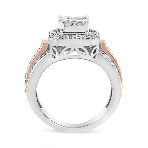 14K White and Rose Gold 1 1/8 Cttw Princess and Round-Cut Diamond Art Deco Style Triple Shank Halo Cocktail Ring (I-J Color, SI2-I1 Clarity) - Size 7