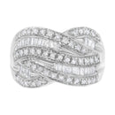 .925 Sterling Silver 1.0 Cttw Channel Set Alternating Round and Baguette Diamond Cross-over Bypass Ring Band (I-J Color, I2-I3 Clarity) - Size 7-1