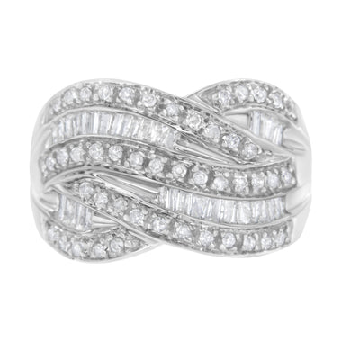 .925 Sterling Silver 1.0 Cttw Channel Set Alternating Round and Baguette Diamond Cross-over Bypass Ring Band (I-J Color, I2-I3 Clarity) - Size 7