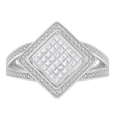 .925 Sterling Silver 1/3 Cttw Invisible Set Princess-Cut Diamond Rhombus and Beaded Halo Ring (H-I Color, SI1-SI2 Clarity) - Ring Size 7