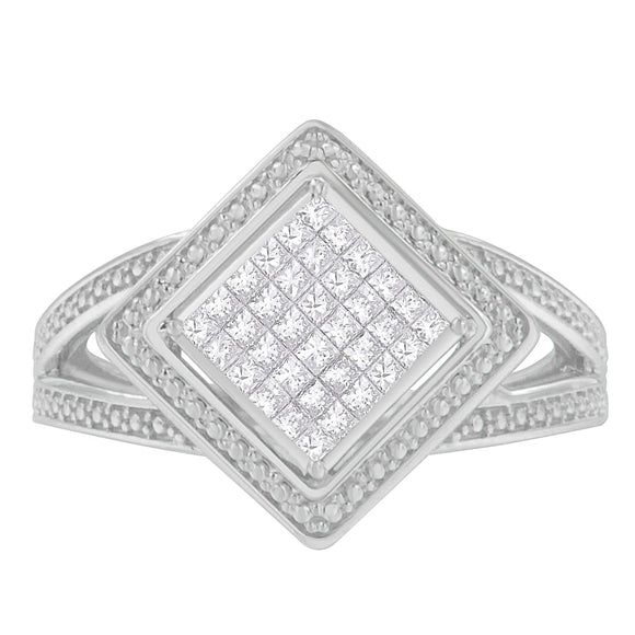 .925 Sterling Silver 1/3 Cttw Invisible Set Princess-Cut Diamond Rhombus and Beaded Halo Ring (H-I Color, SI1-SI2 Clarity) - Ring Size 7