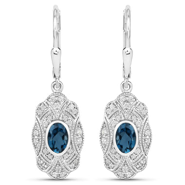 1.32 Carat Genuine London Blue Topaz and White Topaz .925 Sterling Silver Earrings - 0