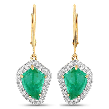 6.40 Carat Genuine Colombian Emerald and White Diamond 14K Yellow Gold Earrings