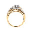 10K Yellow Gold 1 Cttw Round and Baguette cut Diamond Cluster Swirl Band Ring (H-I Color, I1-I2 Clarity) - Ring Size 7-2