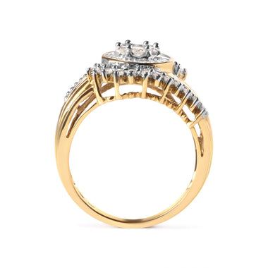 10K Yellow Gold 1 Cttw Round and Baguette cut Diamond Cluster Swirl Band Ring (H-I Color, I1-I2 Clarity) - Ring Size 7 - 0