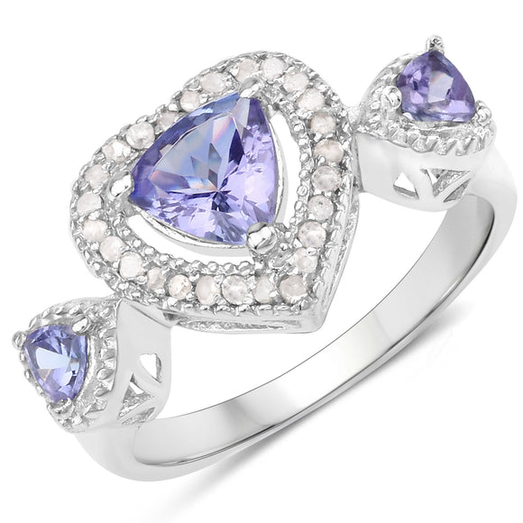 1.09 Carat Genuine Tanzanite and White Diamond .925 Sterling Silver Ring