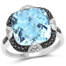 8.29 Carat Genuine Swiss Blue Topaz, Black Diamond & White Diamond .925 Sterling Silver Ring-1