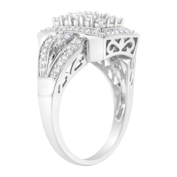 10K White Gold 1.0 Cttw Diamond Rectangular Cushion Shaped Cluster Halo Flared Band Cocktail Fashion Ring (H-I Color, SI2-I1 Clarity) - Size 7