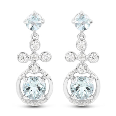 4.42 Carat Genuine Aquamarine and White Zircon .925 Sterling Silver Earrings
