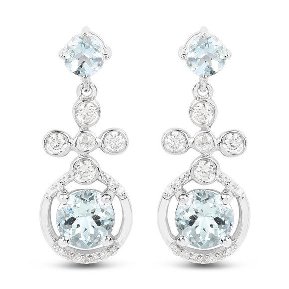 4.42 Carat Genuine Aquamarine and White Zircon .925 Sterling Silver Earrings