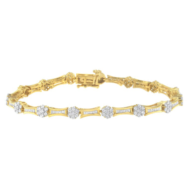 10K Yellow and White Gold 2.00 cttw Round and Baguette-Cut Diamond Link Bracelet (I-J Color, I2-I3 Clarity) - Size 7.25"