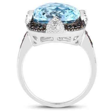 8.29 Carat Genuine Swiss Blue Topaz, Black Diamond & White Diamond .925 Sterling Silver Ring - 0